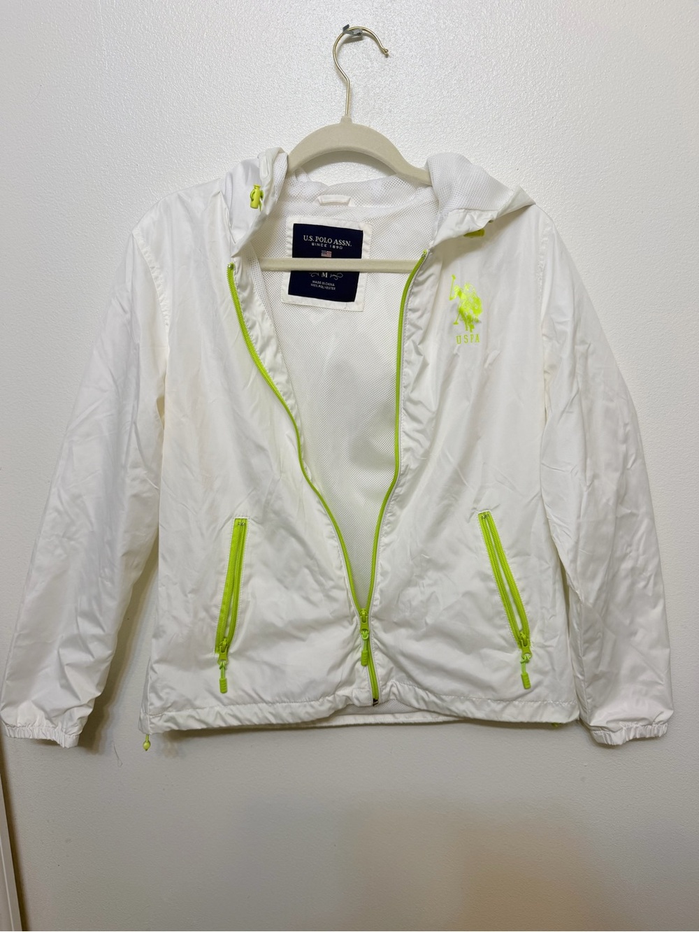 U.S. Polo Assn. White Hooded Jacket with Neon Lime Trim